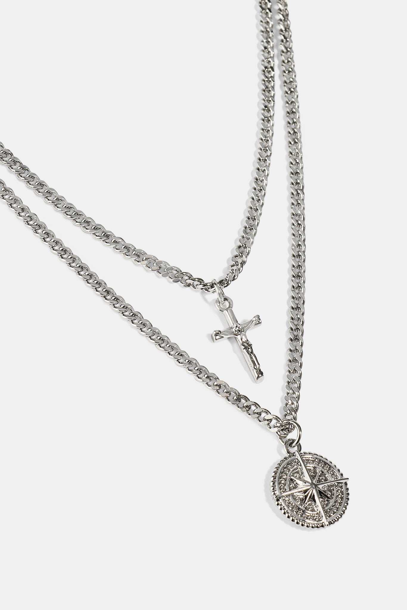 Double Layer Cuban Crucifix & Compass Necklace - 15mm - White