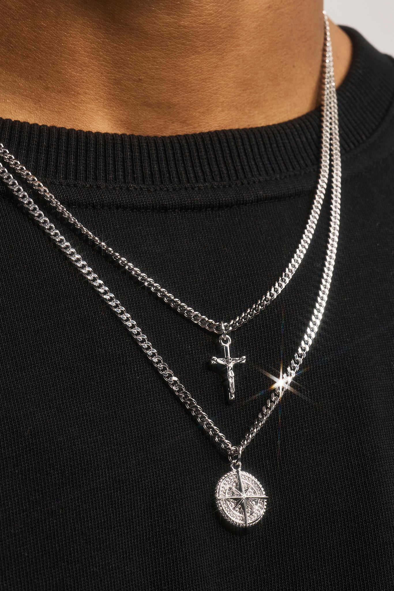 Double Layer Cuban Crucifix & Compass Necklace - 15mm - White