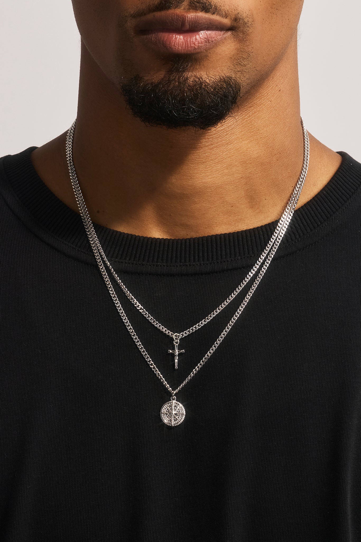 Double Layer Cuban Crucifix & Compass Necklace - 15mm - White