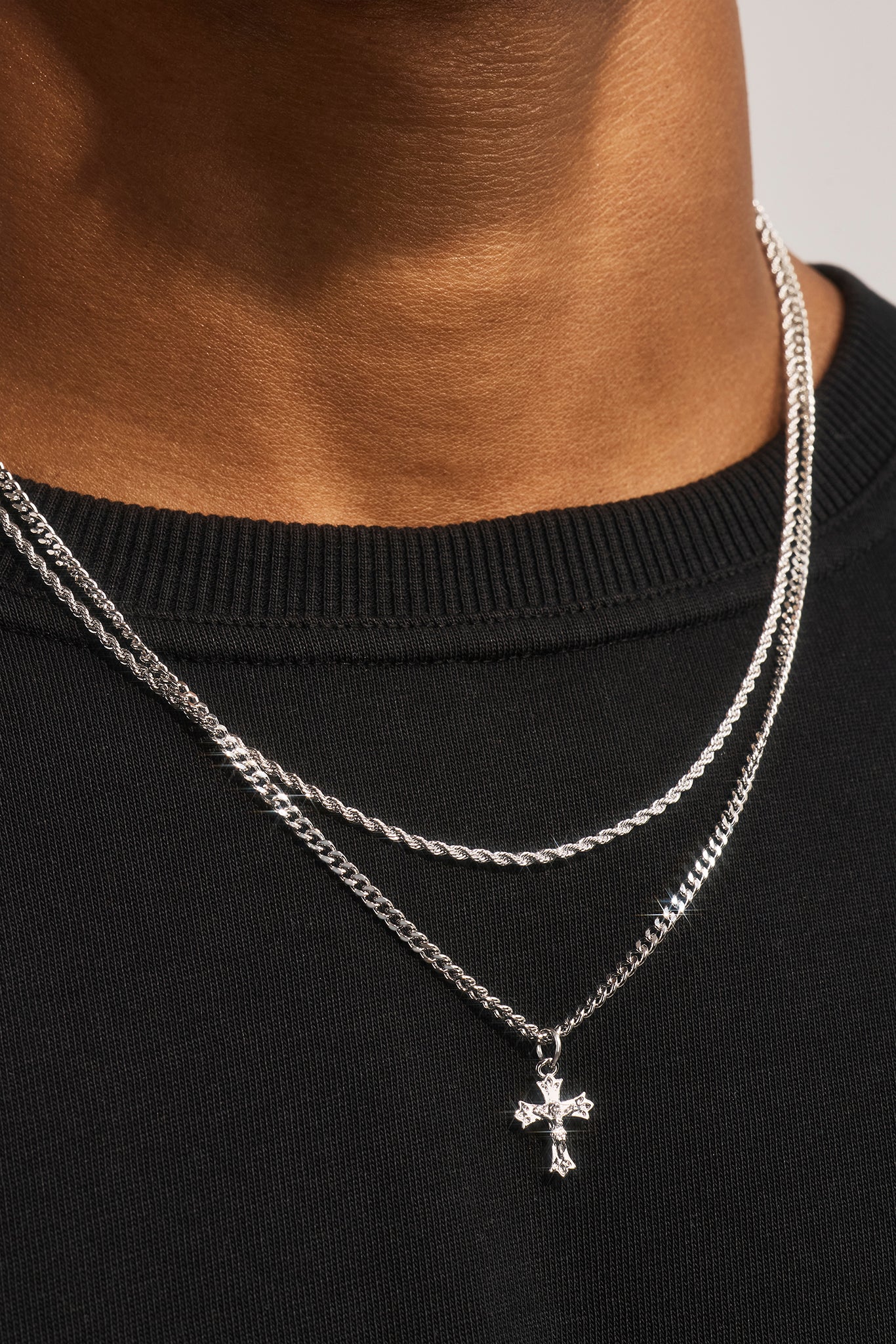 Double Layer Cuban & Rope Crucifix Necklace - 15mm - White