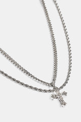 Double Layer Cuban & Rope Crucifix Necklace - 15mm - White