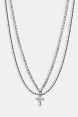 Double Layer Cuban & Rope Crucifix Necklace - 15mm - White