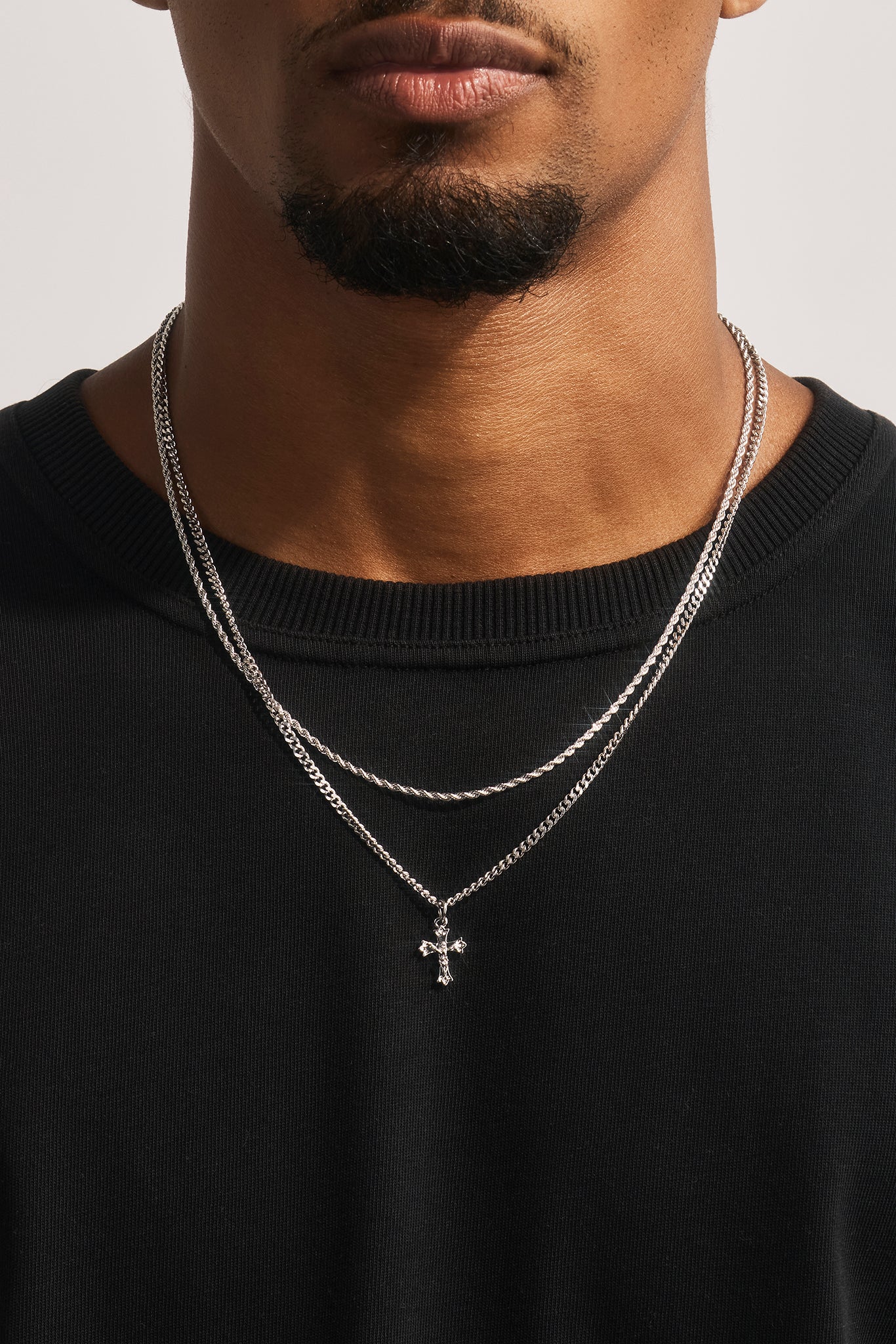 Double Layer Cuban & Rope Crucifix Necklace - 15mm - White