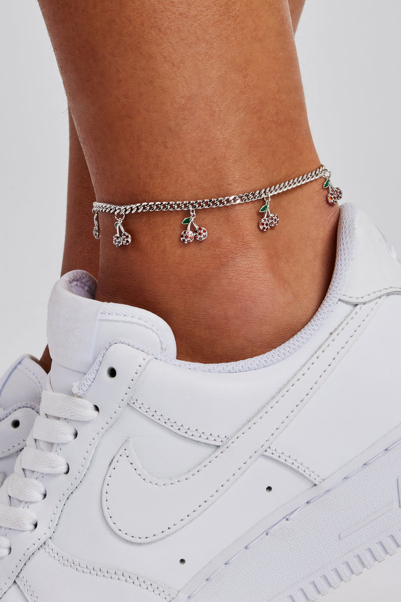 Iced Cherry Drop Cuban Anklet 3mm White Womens Anklets