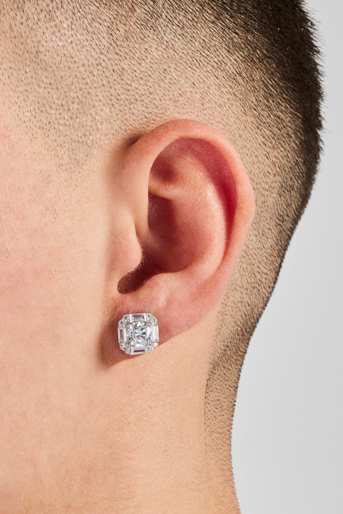 Sterling Silver Iced CZ Baguette Square Stud Earrings Mens