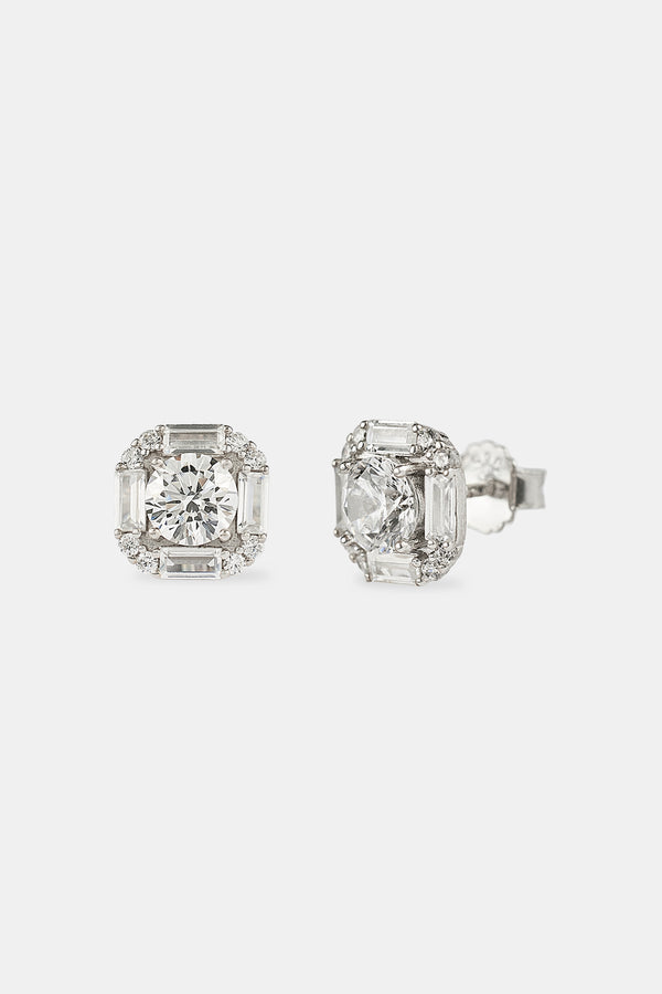Sterling Silver Iced CZ Baguette Square Stud Earrings - 10mm