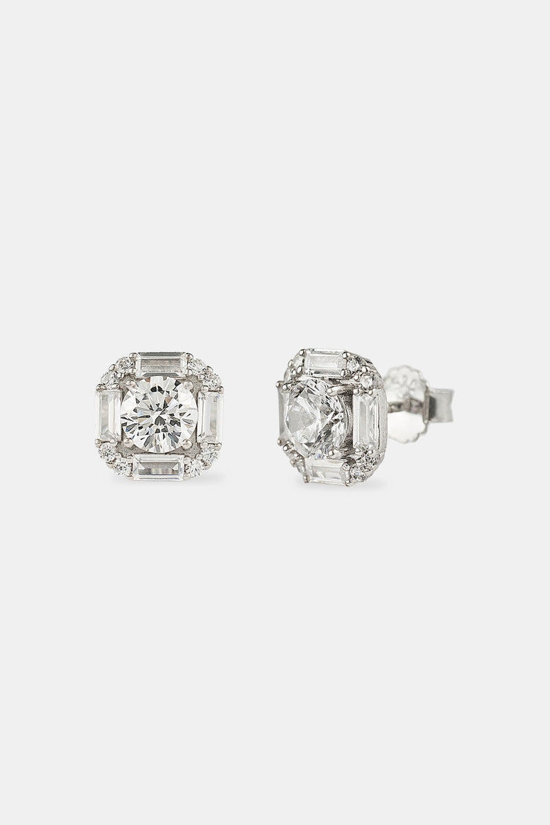 Sterling Silver Iced CZ Baguette Square Stud Earrings Mens