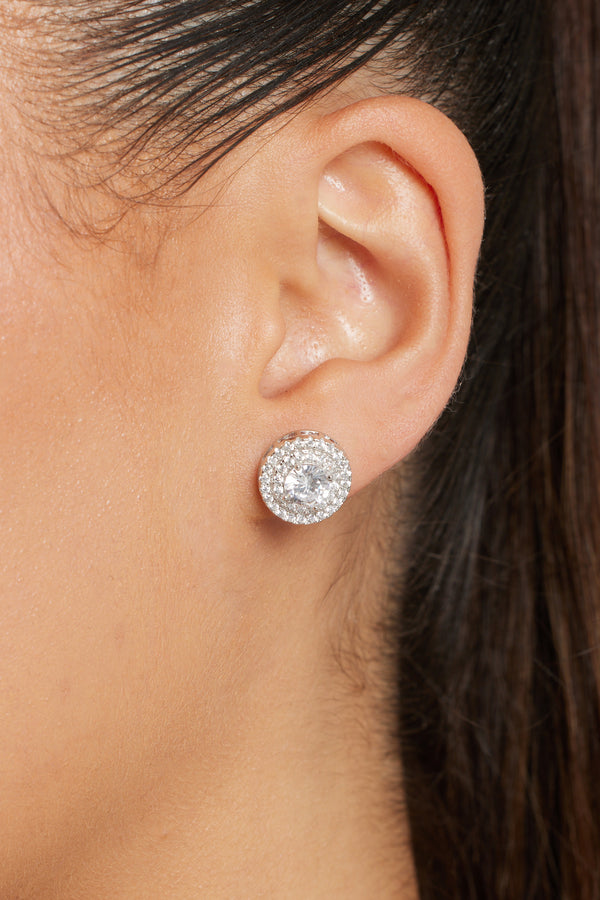 Sterling Silver Iced Round CZ Pave Stud Earrings