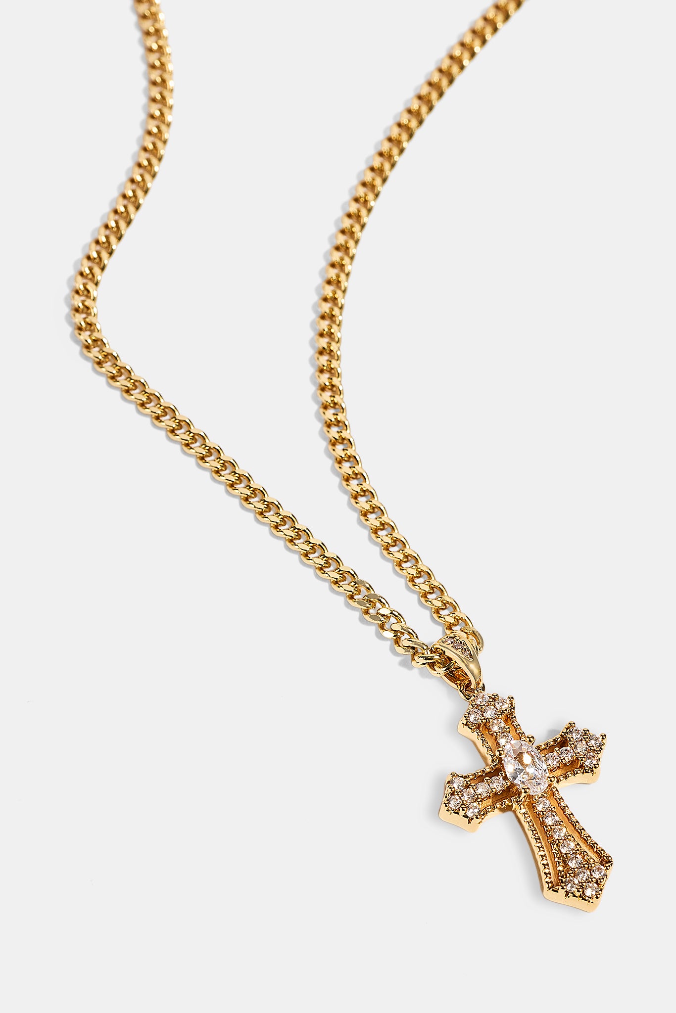 Mens Iced Oval Centre Cross Necklace - 25mm - Gold