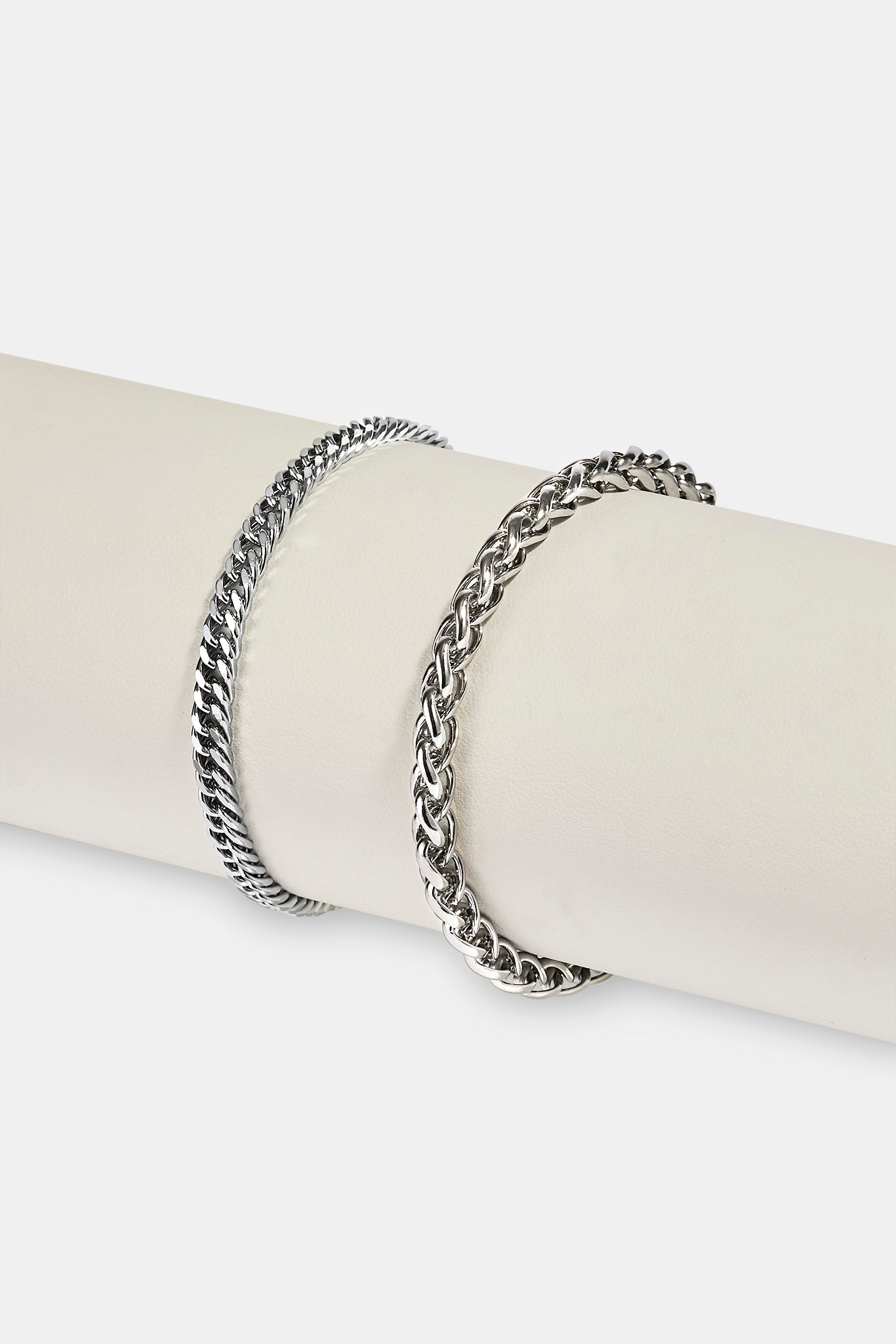 Polished Wheat Link Bracelet & Square Cuban Bracelet - 5mm - White