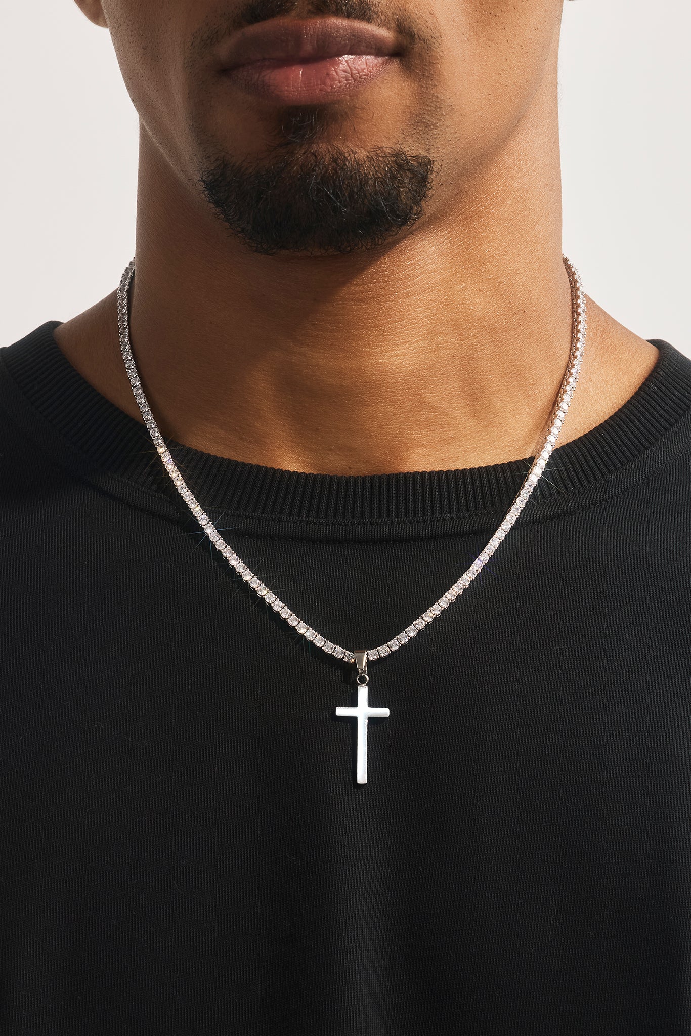 Plain Cross Pendant Tennis Necklace - 30mm - White
