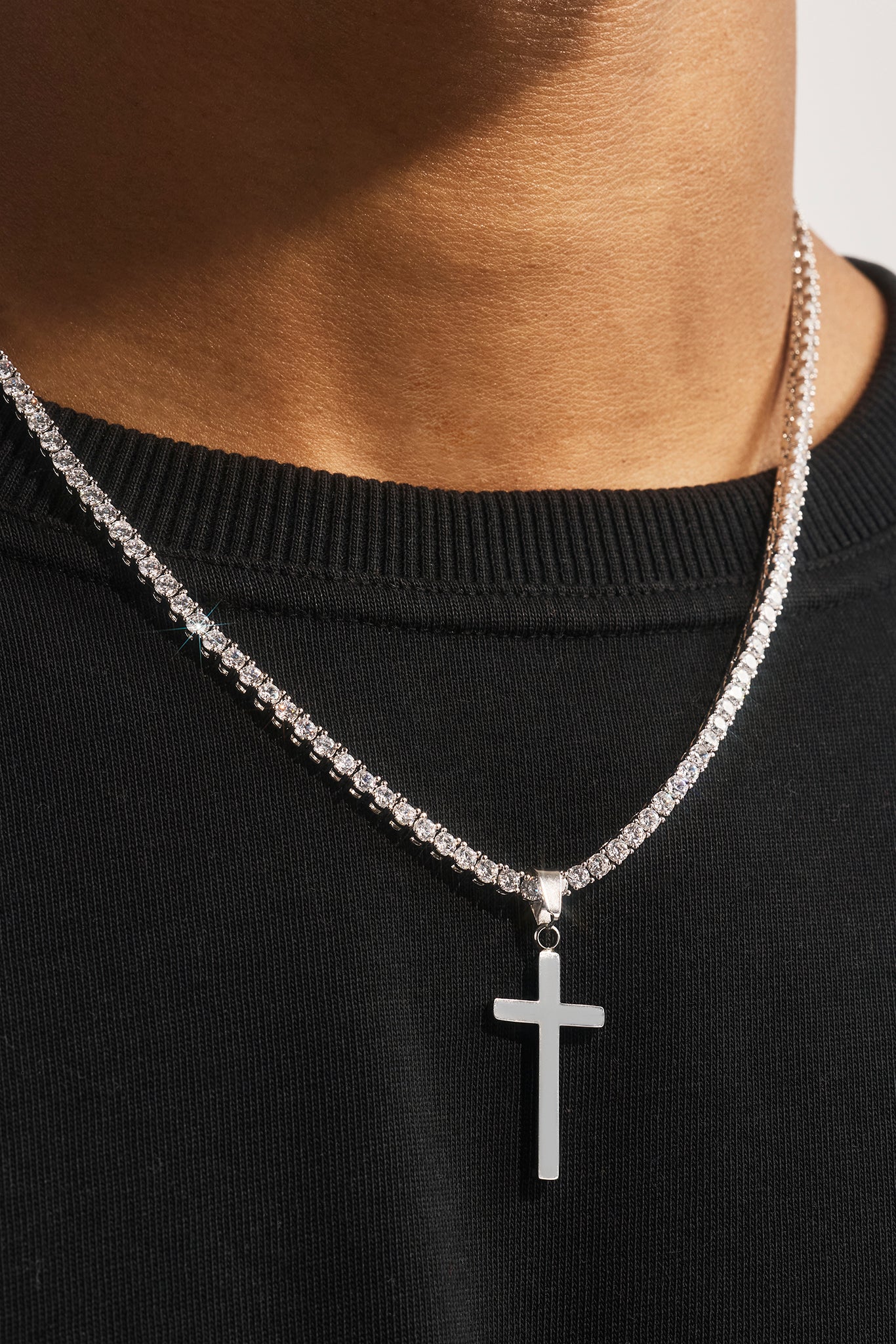 Plain Cross Pendant Tennis Necklace - 30mm - White
