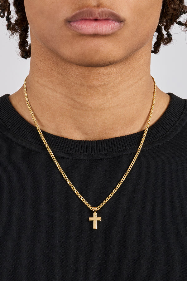 Polished Drop Cross Cuban Chain - 3mm - Gold