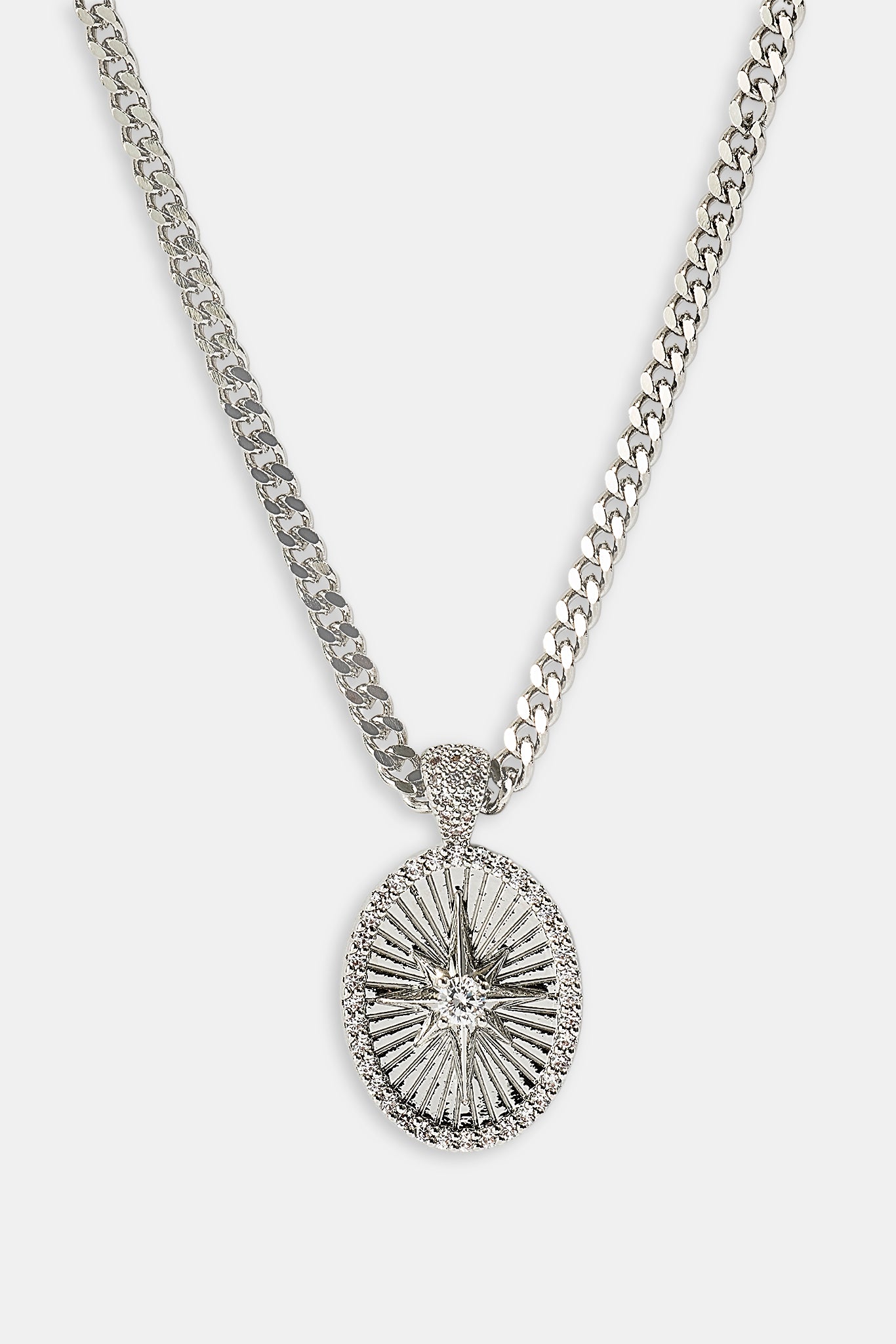 Iced Edge Oval Micro Pendant Necklace - 20mm - White