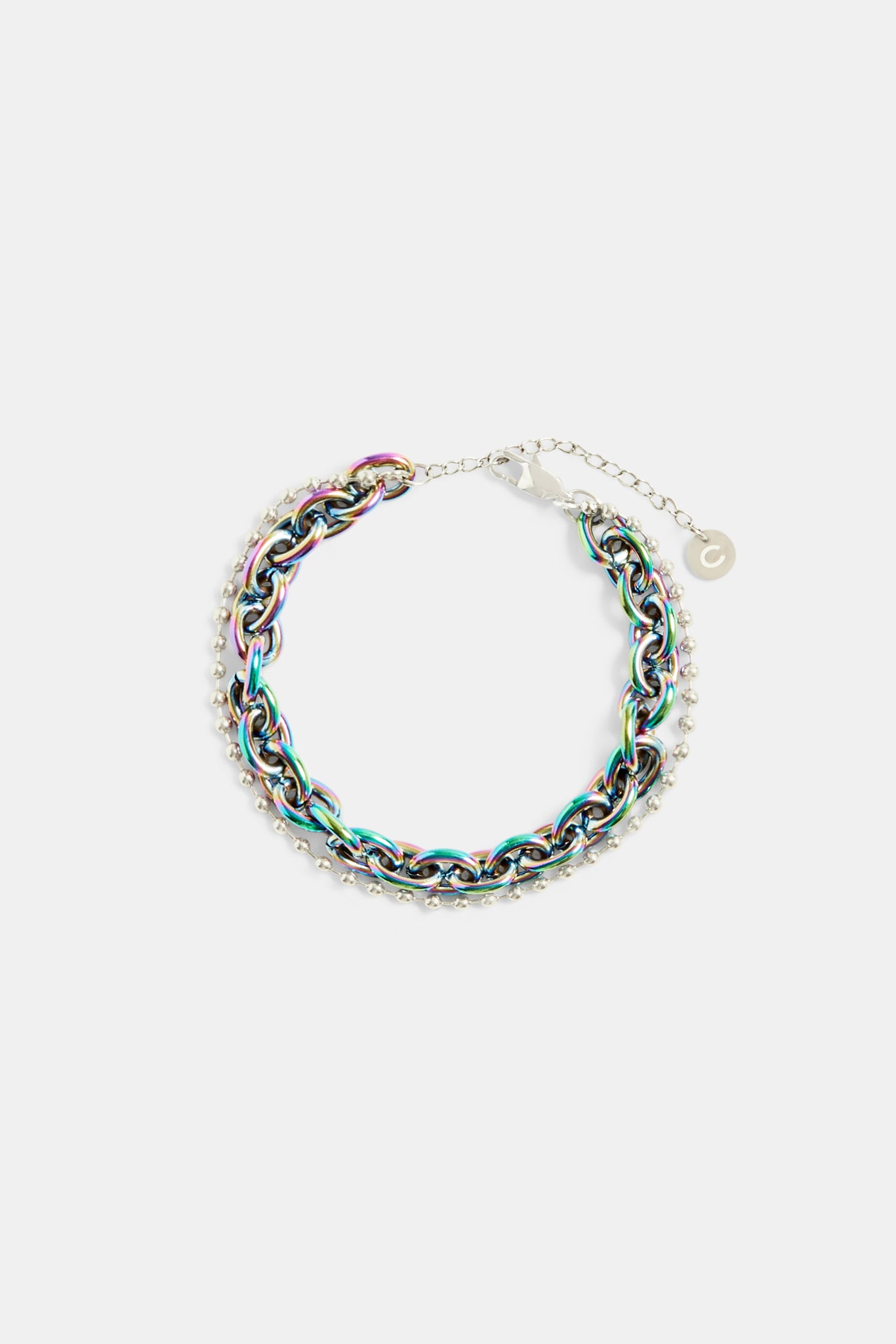 Armband aus Edelstahl mit Oil Slick-Gliedern und Bommel