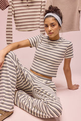 Stripe Soft Touch Button Detail Wide Leg Jogger -  Blue