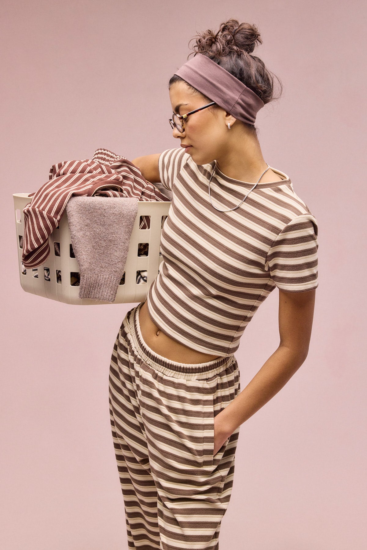 Soft Touch Double Stripe Short Sleeve Top - Beige