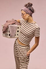 Soft Touch Double Stripe Short Sleeve Top - Beige
