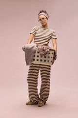 Kurzarm-Top und Hose mit weichem Griff und Doppelstreifen – Beige