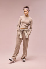 Peached Soft Touch Button Detail Trouser - Taupe