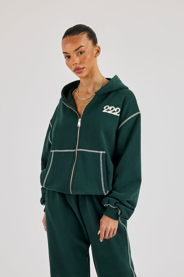 222 Cherub Contrast Stitch Zip Through Hoodie - Dark Green