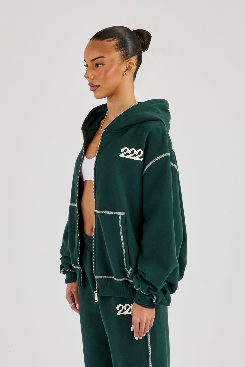 222 Cherub Contrast Stitch Zip Through Hoodie - Dark Green
