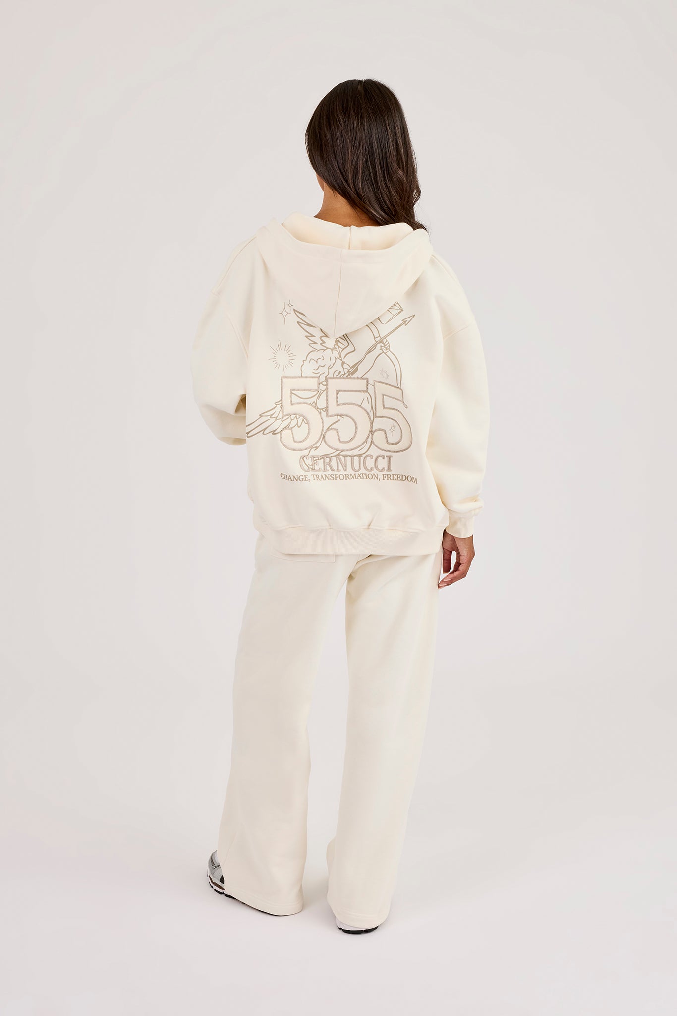 555 Embroidered Oversized Zip Through Hoodie & Wide Leg Jogger - Off White