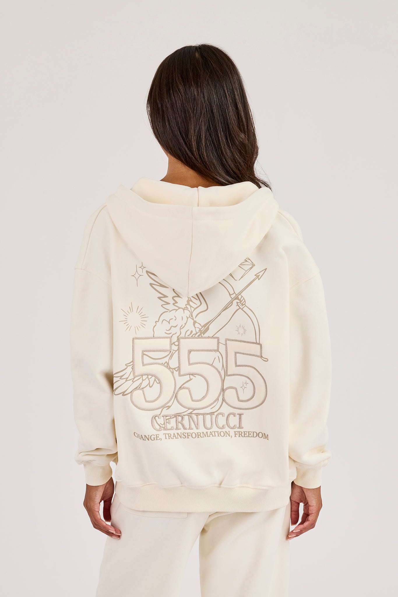 555 Embroidered Oversized Zip Through Hoodie - Off White