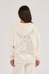 555 Embroidered Oversized Zip Through Hoodie - Off White