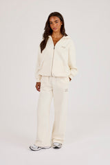 555 Embroidered Oversized Zip Through Hoodie & Wide Leg Jogger - Off White