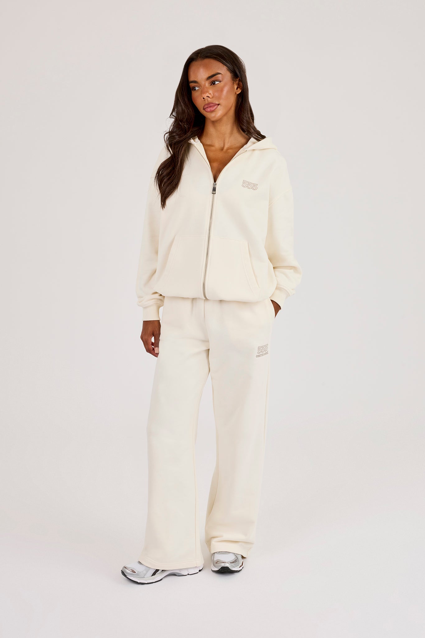 555 Embroidered Oversized Zip Through Hoodie & Wide Leg Jogger - Off White