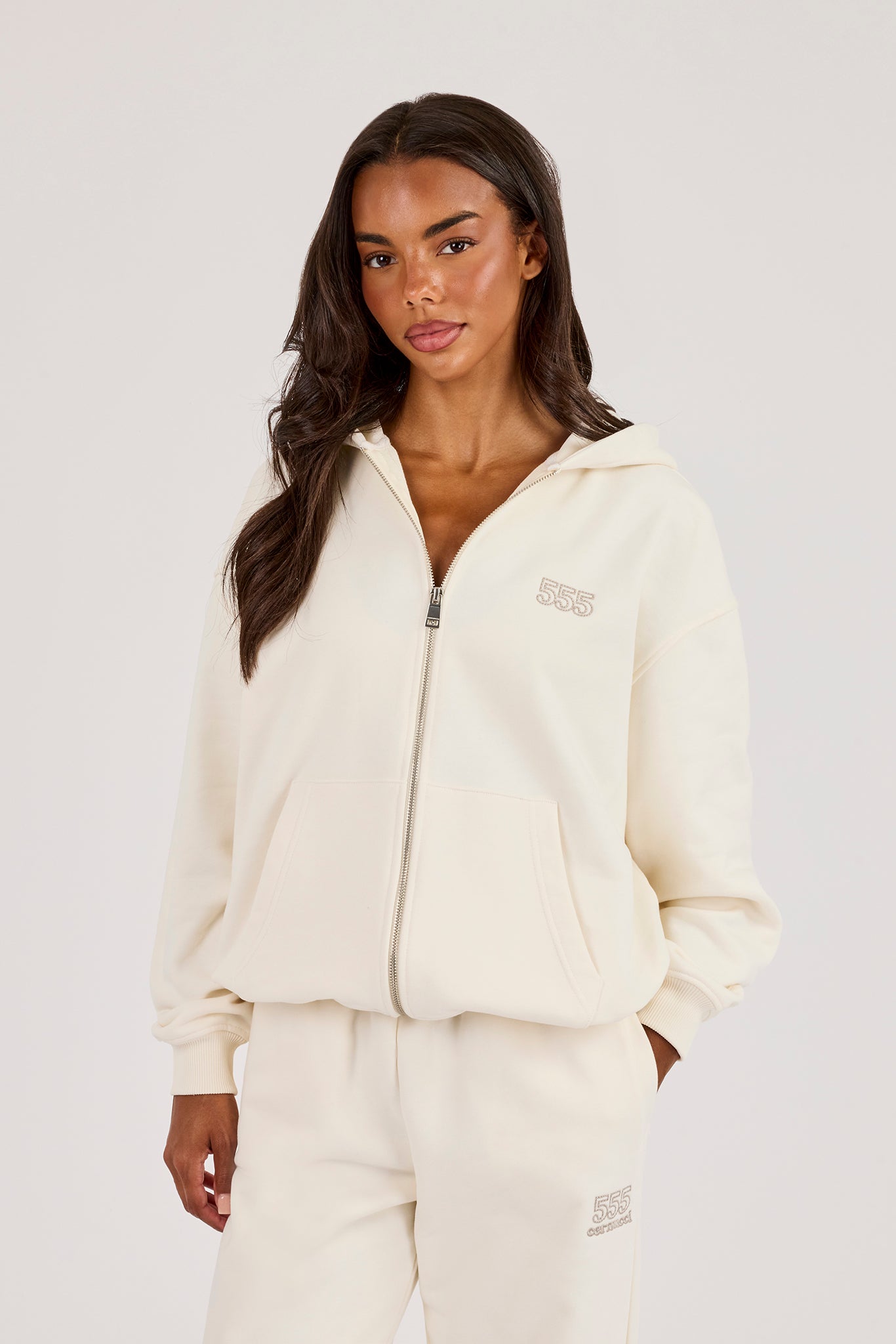 555 Embroidered Oversized Zip Through Hoodie - Off White