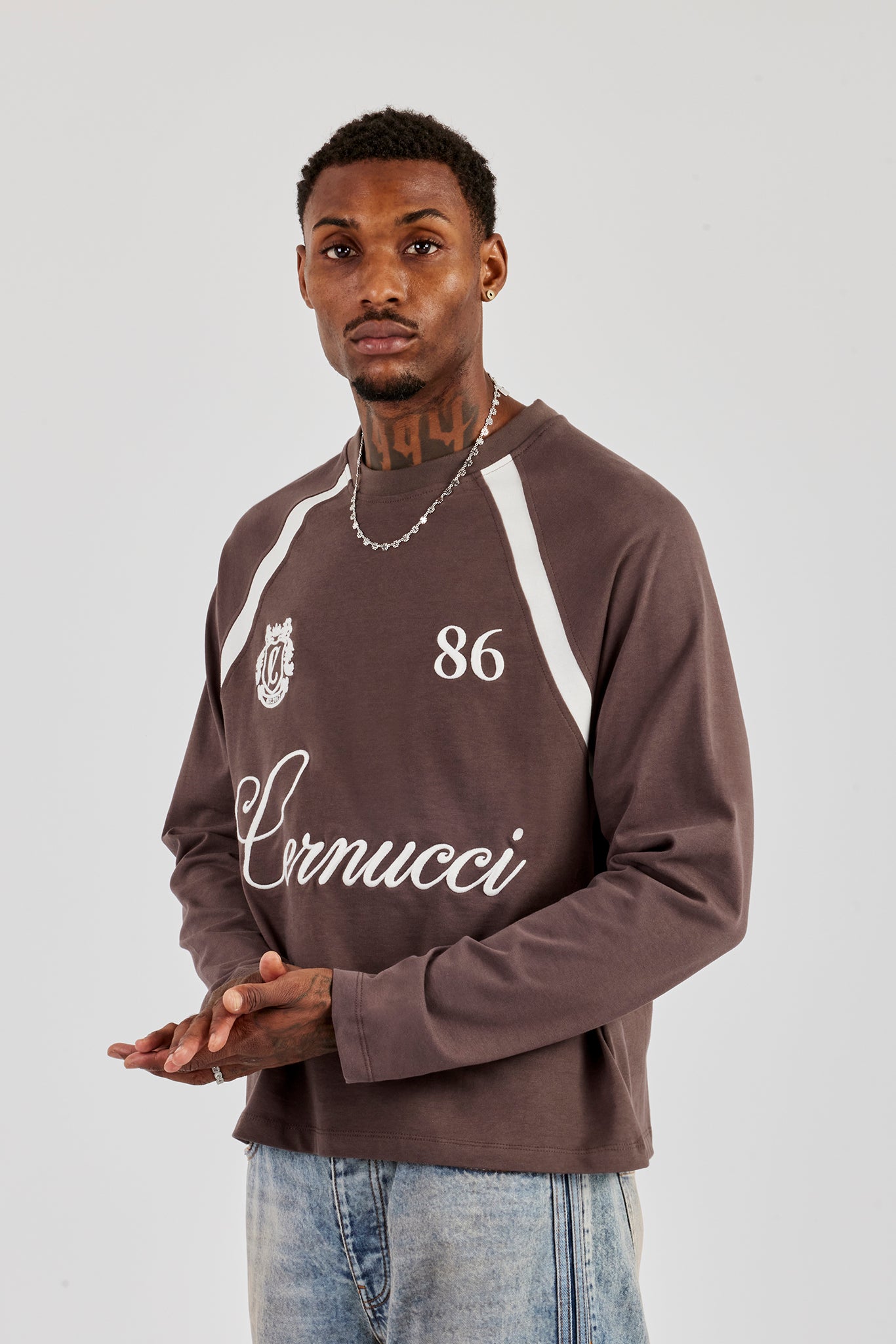 Long Sleeve Contrast Panel T-Shirt - Coffee | Mens Tees & Vests