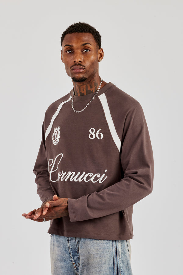 Long Sleeve Contrast Panel T-Shirt - Coffee