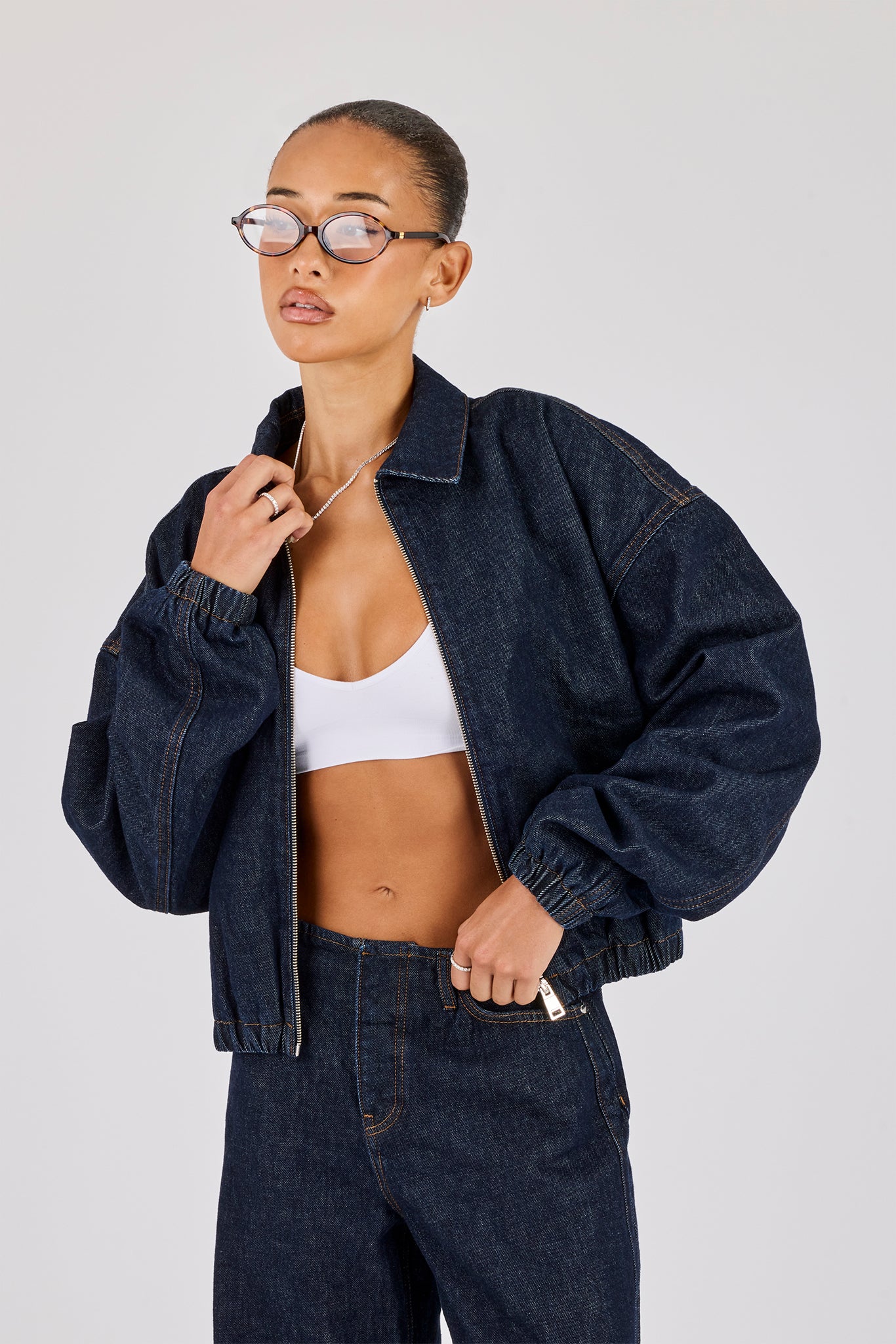 Contrast Stitch Denim Collared Bomber - Indigo