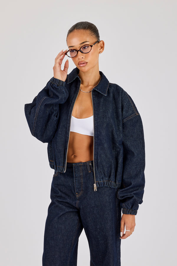 Contrast Stitch Denim Collared Bomber - Indigo