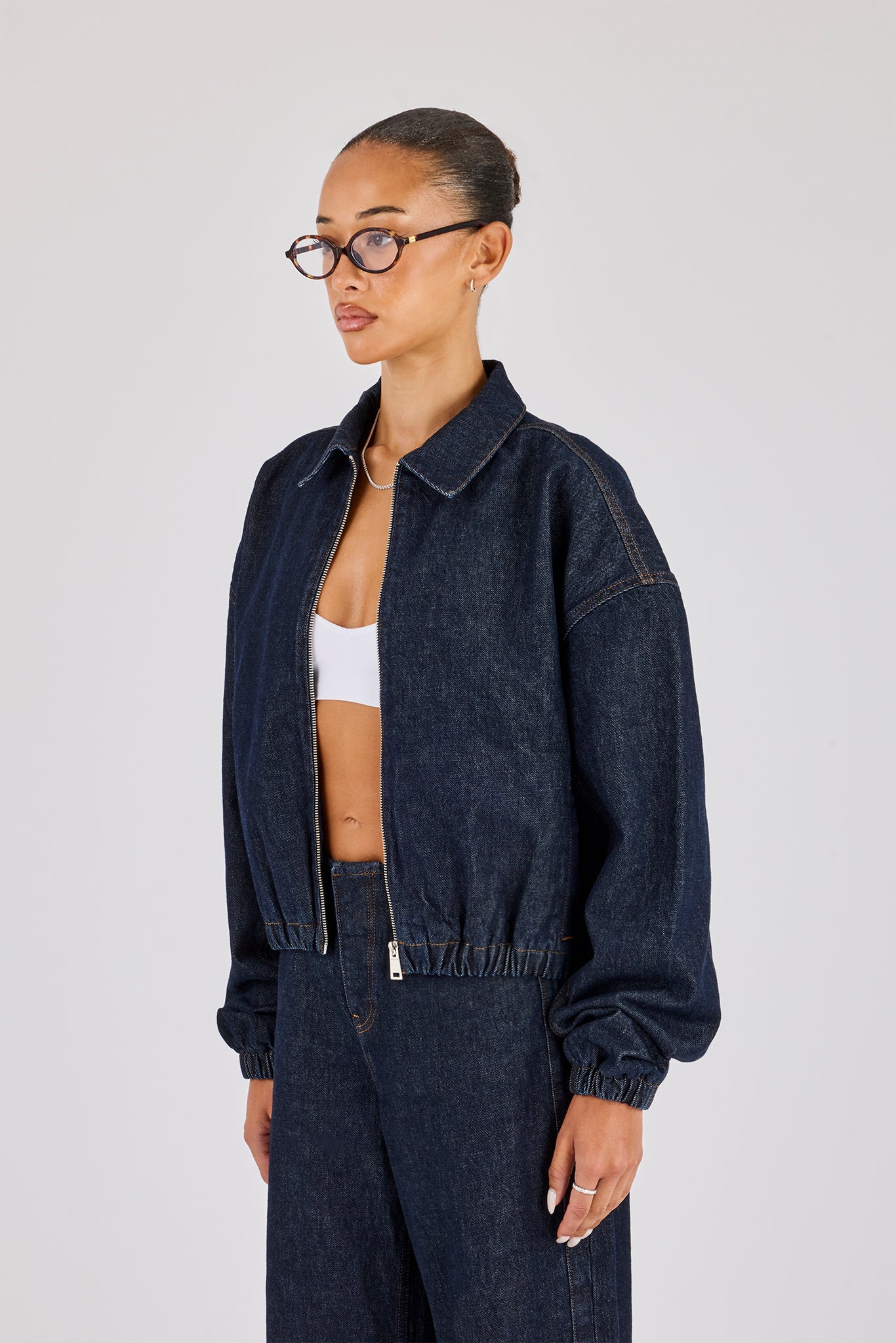 Contrast Stitch Denim Collared Bomber - Indigo
