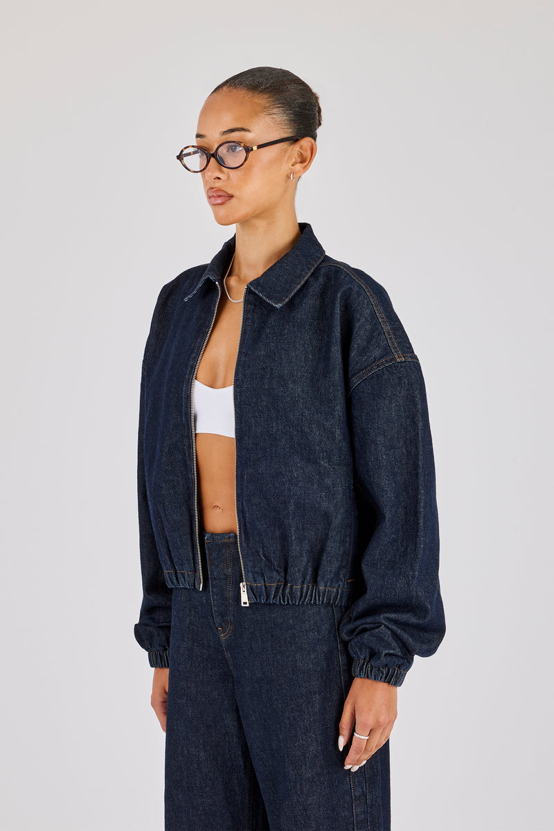 Contrast Stitch Denim Collared Bomber - Indigo