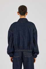 Contrast Stitch Denim Collared Bomber - Indigo