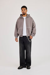 Contrast Stitch Amor Carioca Boxy Zip Hoodie - Charcoal