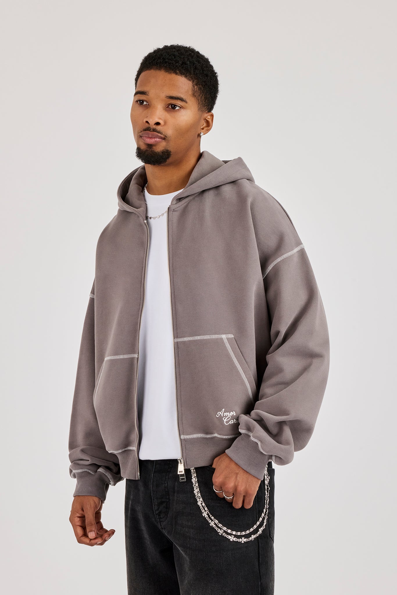 Contrast Stitch Amor Carioca Boxy Zip Hoodie - Charcoal