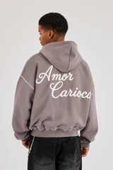 Contrast Stitch Amor Carioca Boxy Zip Hoodie - Charcoal
