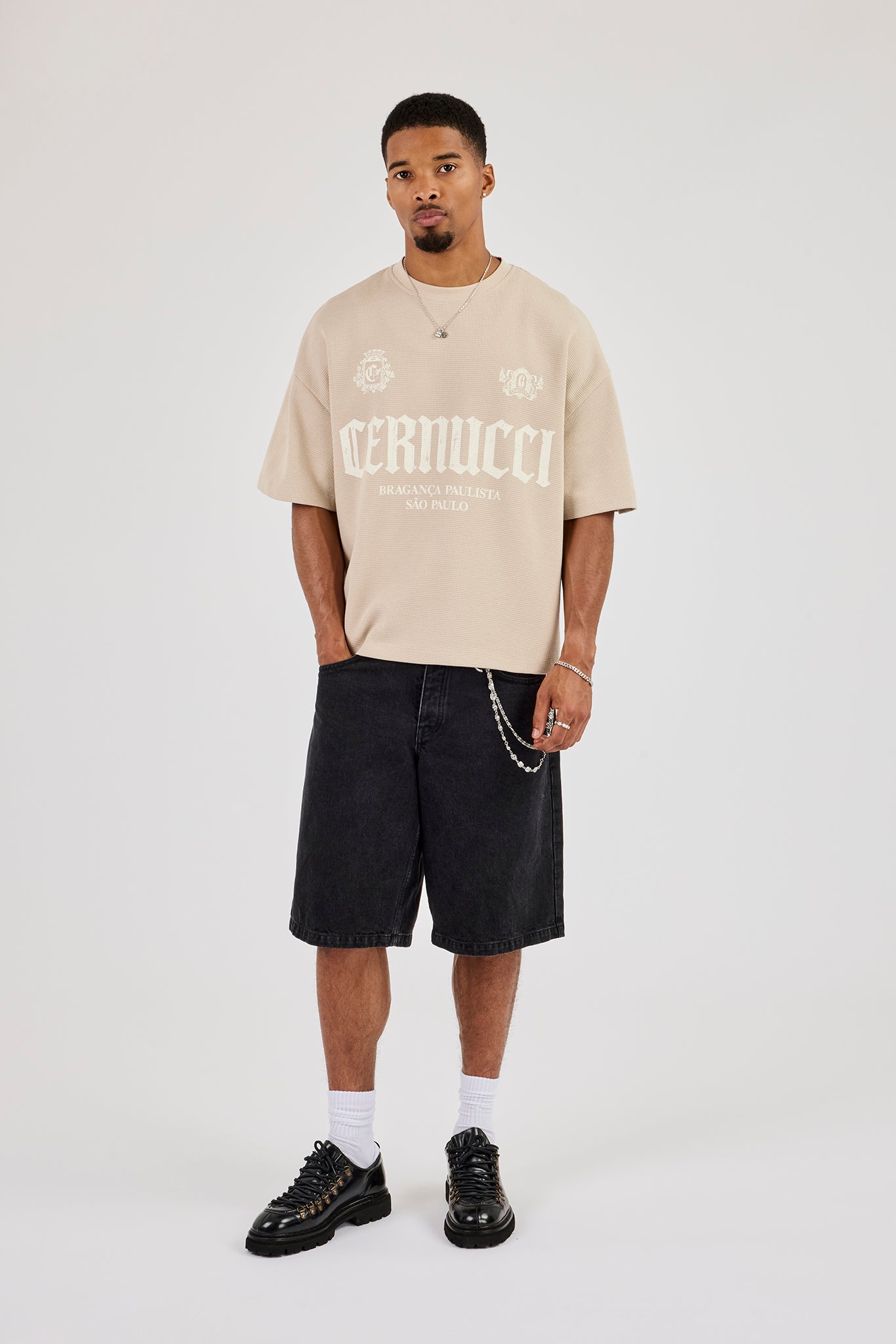 Boxy Waffle Contrast Print T-Shirt - Stone
