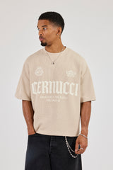 Boxy Waffle Contrast Print T-Shirt - Stone