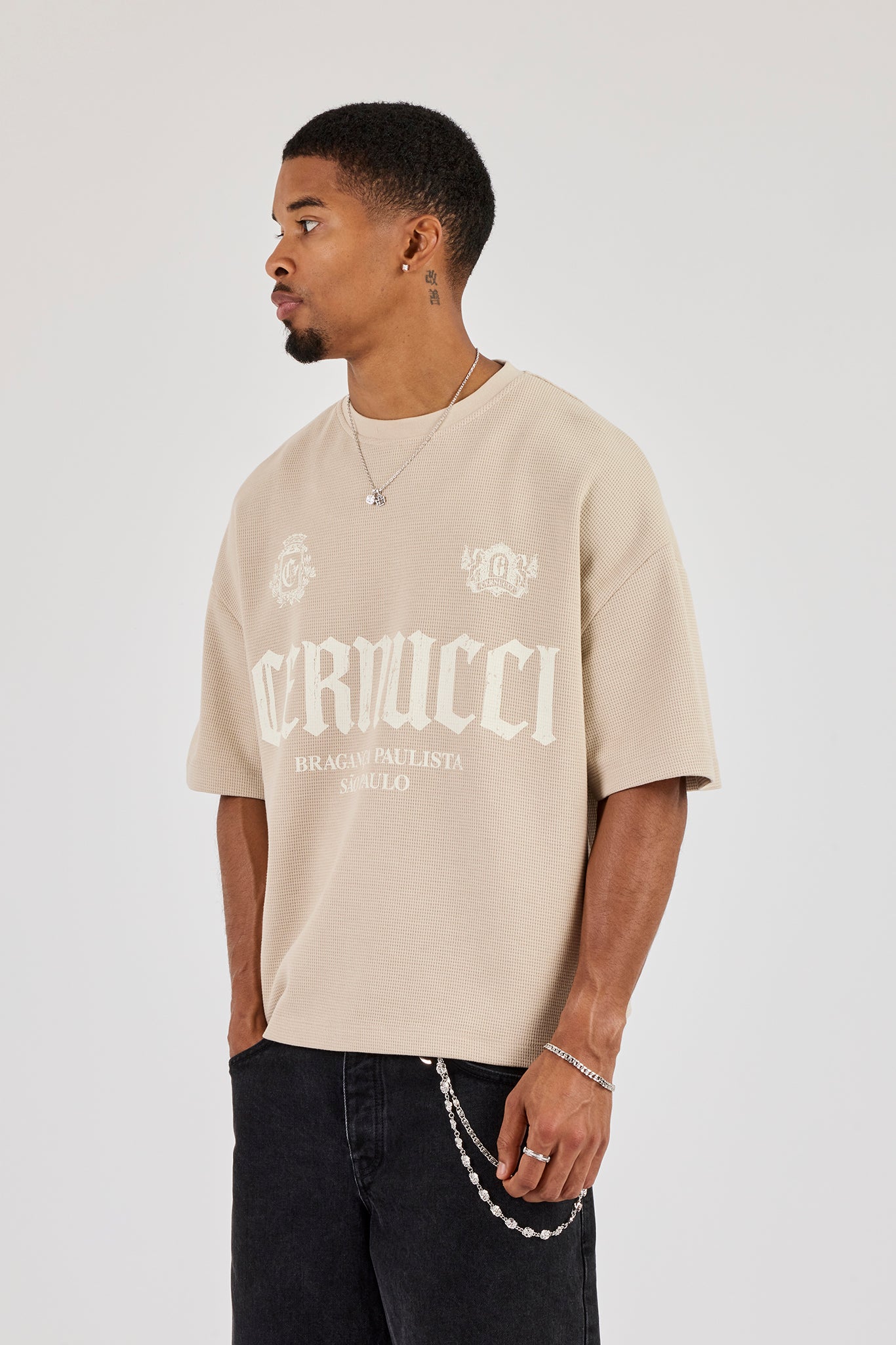 Boxy Waffle Contrast Print T-Shirt - Stone