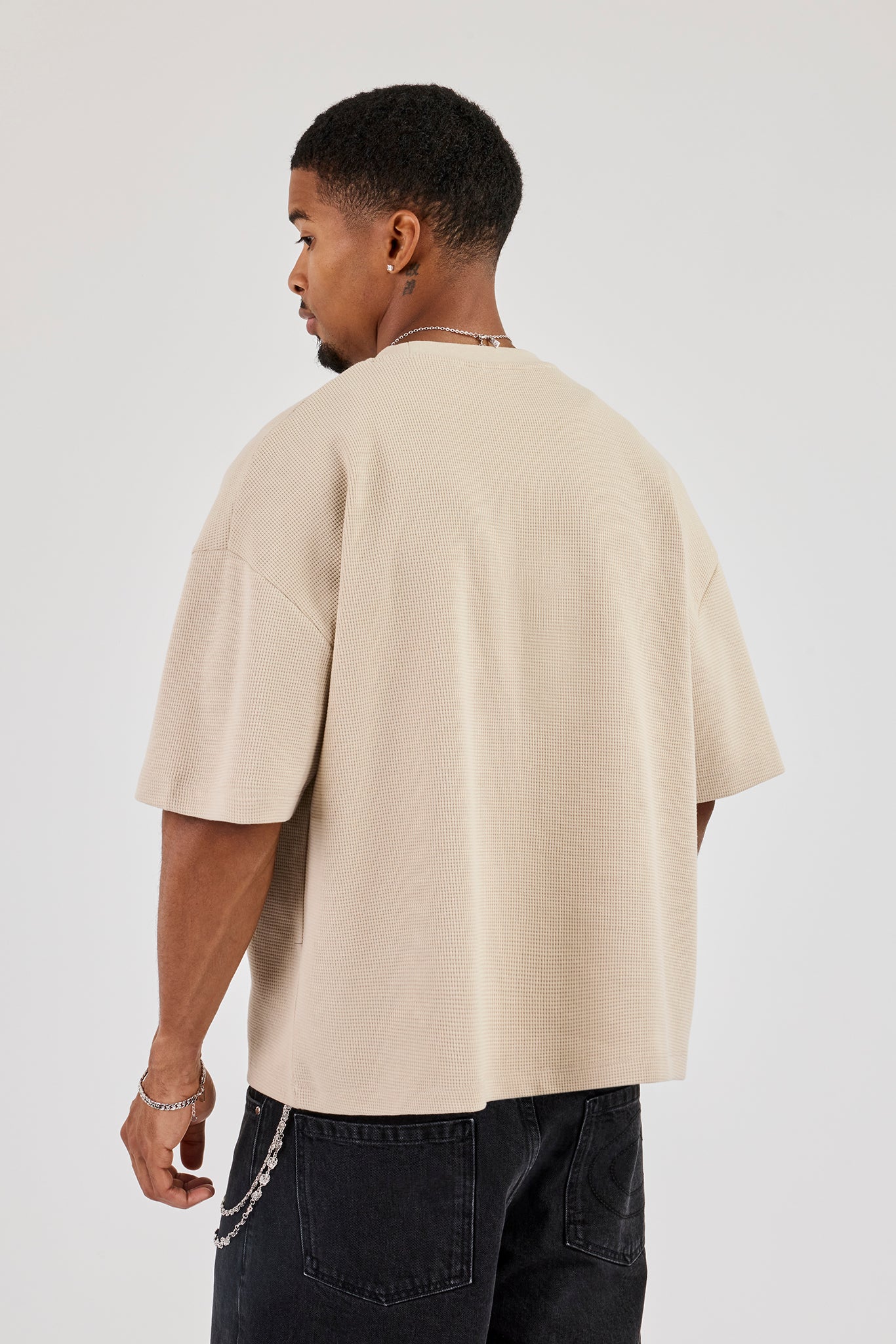 Boxy Waffle Contrast Print T-Shirt - Stone