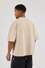 Boxy Waffle Contrast Print T-Shirt - Stone