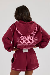 Cropped Contrast Stitch Cherub Graphic Zip Hoodie - Berry