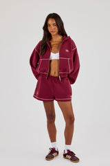 Cropped Contrast Stitch Cherub Graphic Zip Hoodie & Short - Berry