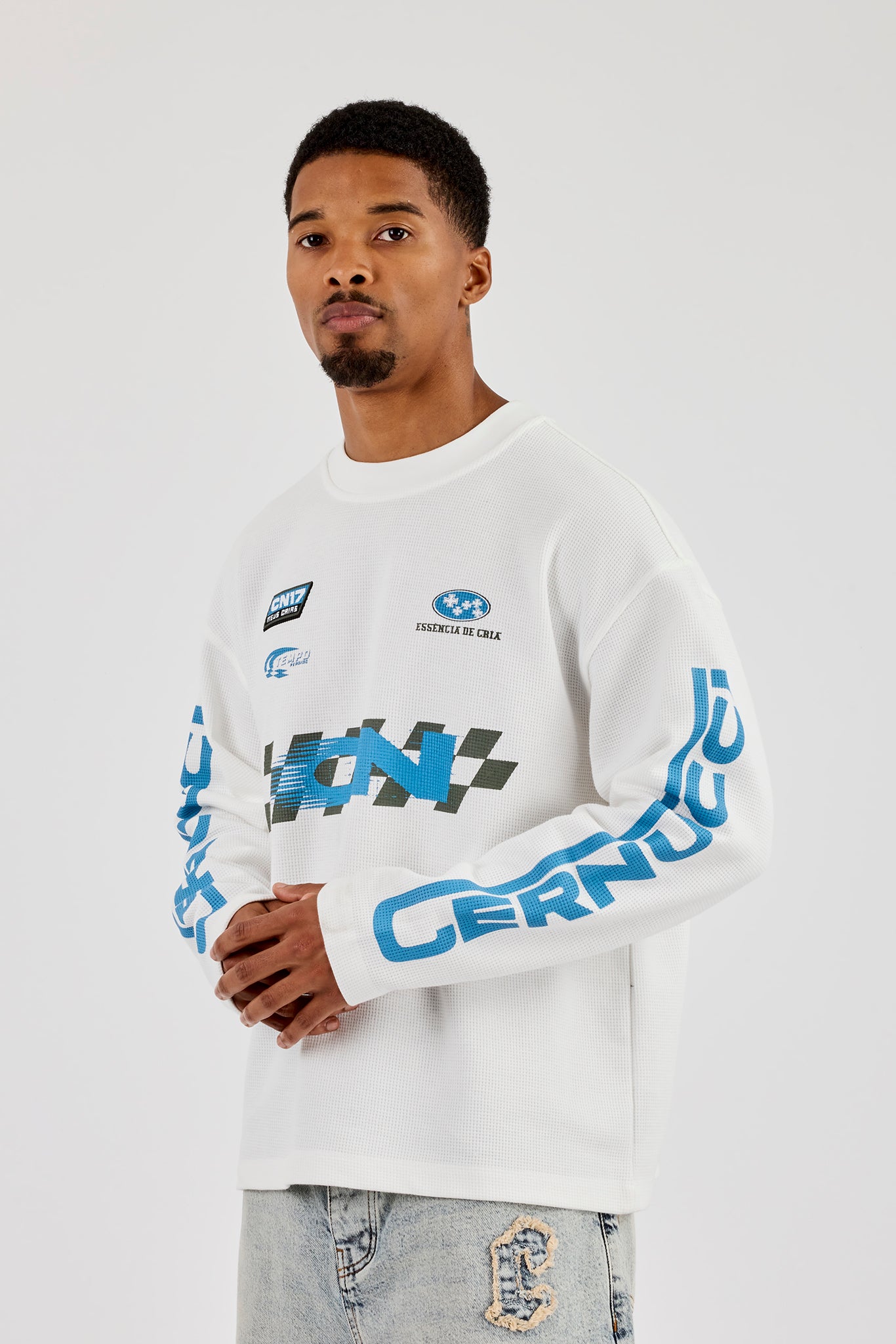 Long Sleeve Waffle Printed T-Shirt - Off White
